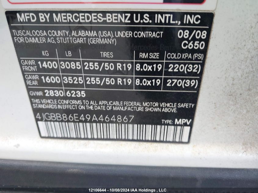 2009 Mercedes-Benz Ml-Class VIN: 4JGBB86E49A464867 Lot: 12106644