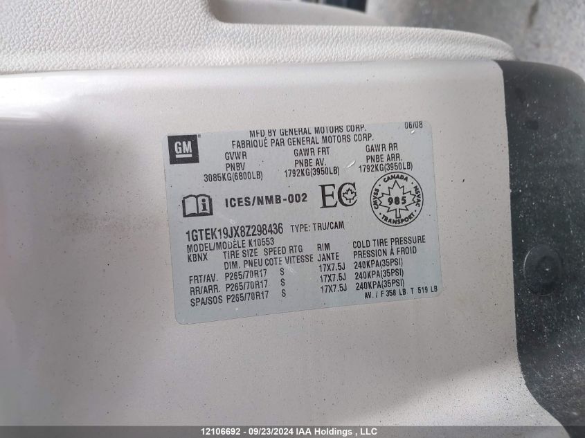 2008 GMC Sierra K1500 VIN: 1GTEK19JX8Z298436 Lot: 12106692
