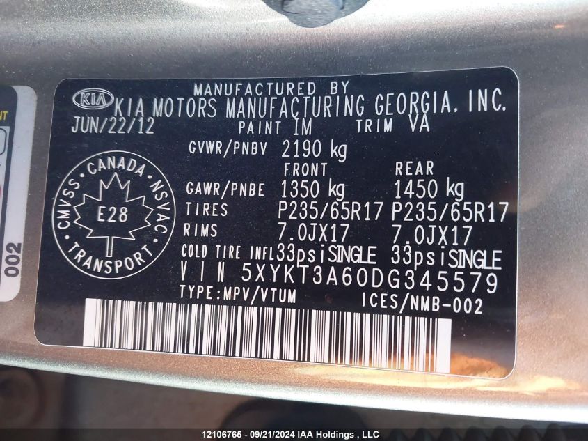 2013 Kia Sorento VIN: 5XYKT3A60DG345579 Lot: 12106765