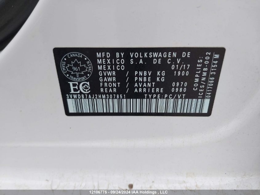 3VWDB7AJ2HM307851 2017 Volkswagen Jetta Se