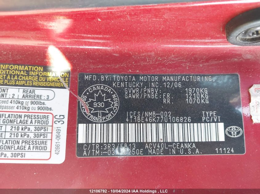 2007 Toyota Camry Ce/Le/Xle/Se VIN: 4T1BE46K77U106826 Lot: 12106792