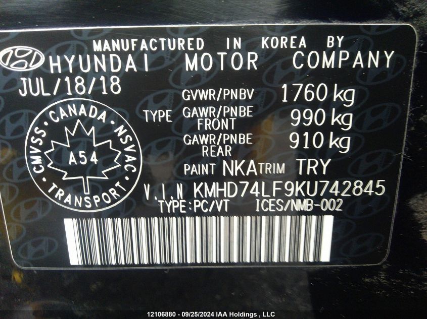 2019 Hyundai Elantra Essential VIN: KMHD74LF9KU742845 Lot: 12106880