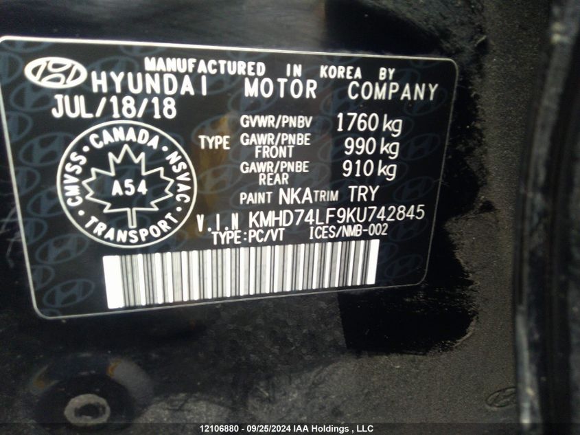 2019 Hyundai Elantra Essential VIN: KMHD74LF9KU742845 Lot: 12106880