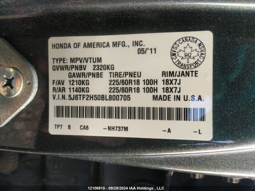 2011 Honda Accord Crosstour VIN: 5J6TF2H50BL800705 Lot: 12106910