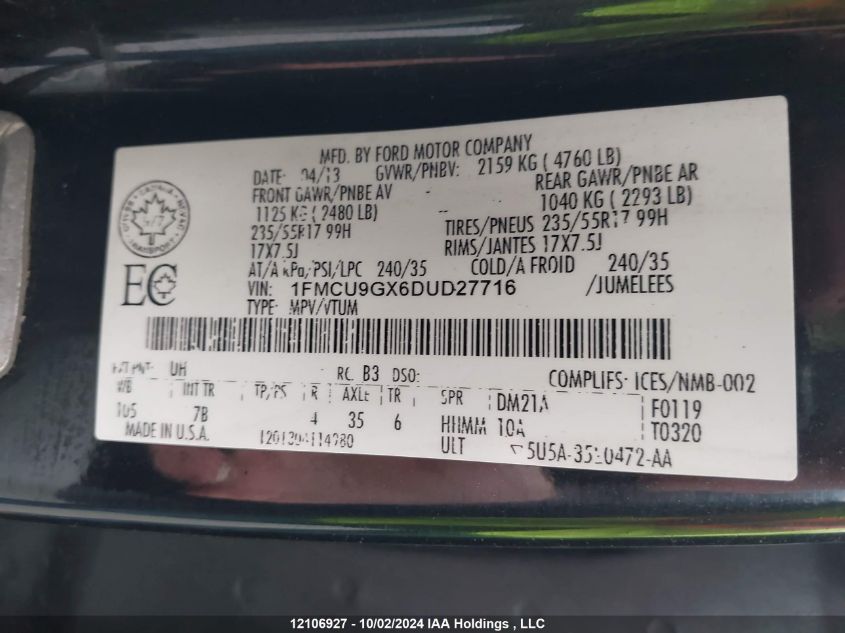 1FMCU9GX6DUD27716 2013 Ford Escape Se