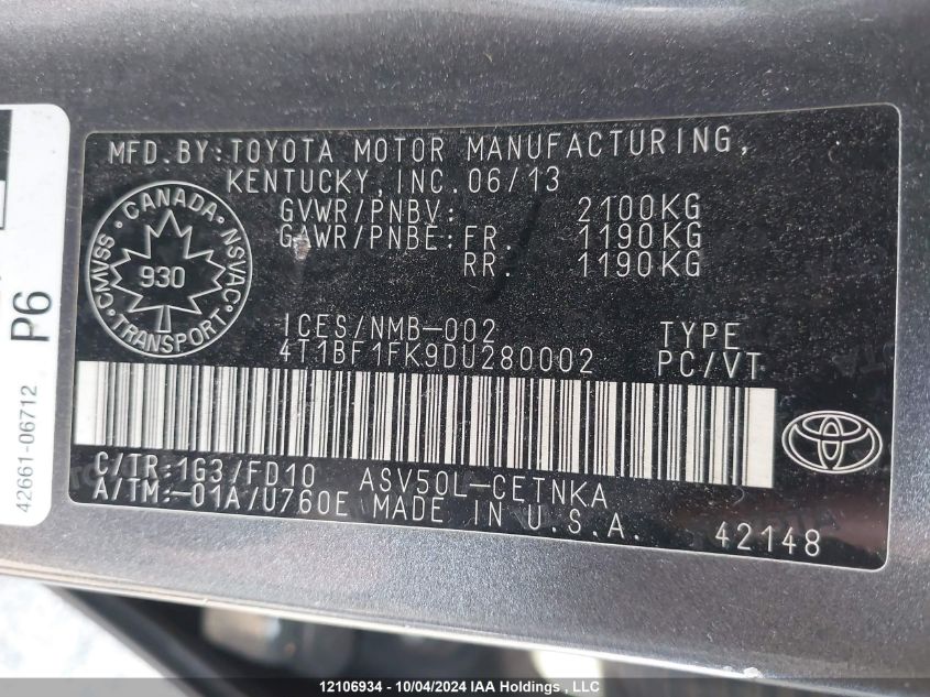 4T1BF1FK9DU280002 2013 Toyota Camry L/Se/Le/Xle