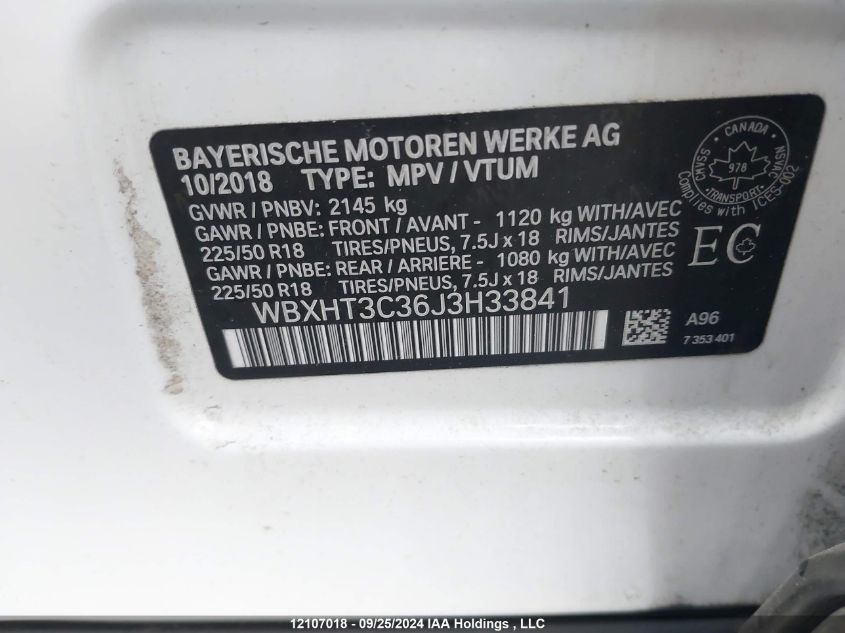 2018 BMW X1 VIN: WBXHT3C36J3H33841 Lot: 12107018