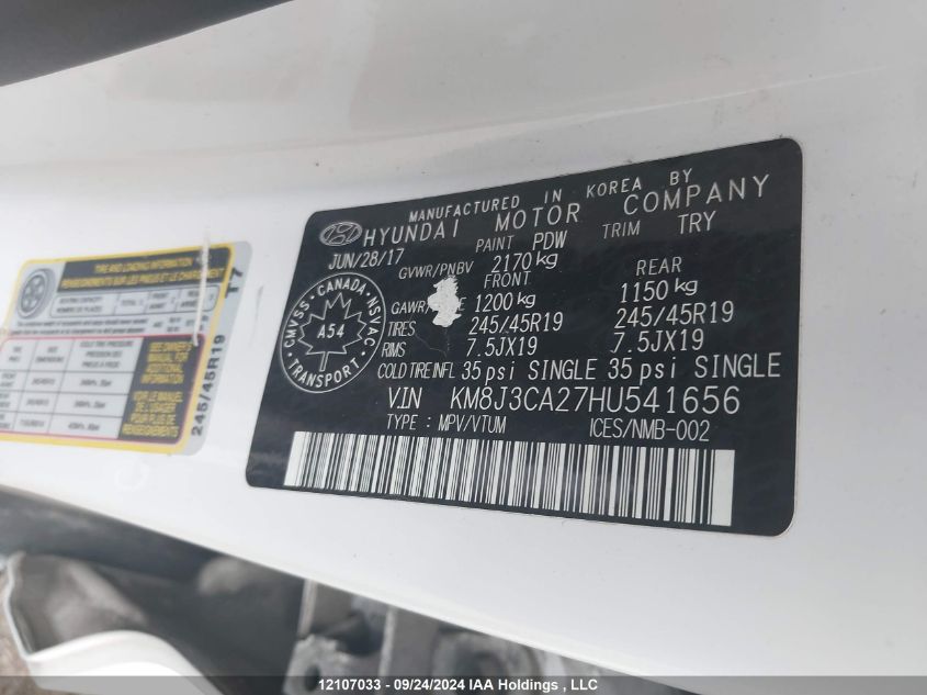 2017 Hyundai Tucson Limited/Sport And Eco/Se VIN: KM8J3CA27HU541656 Lot: 12107033