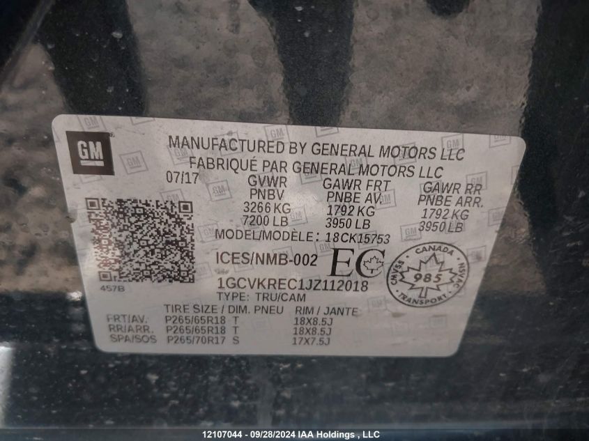 2018 Chevrolet Silverado 1500 VIN: 1GCVKREC1JZ112018 Lot: 12107044