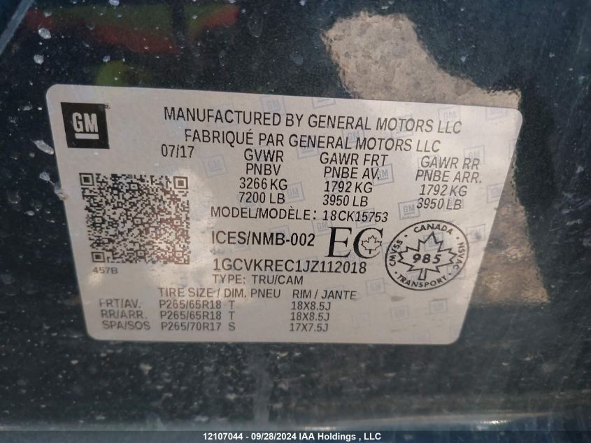 2018 Chevrolet Silverado 1500 VIN: 1GCVKREC1JZ112018 Lot: 12107044