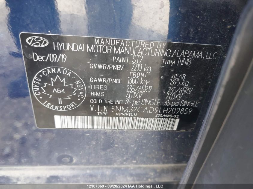 2020 Hyundai Santa Fe Se VIN: 5NMS2CAD9LH209859 Lot: 12107069