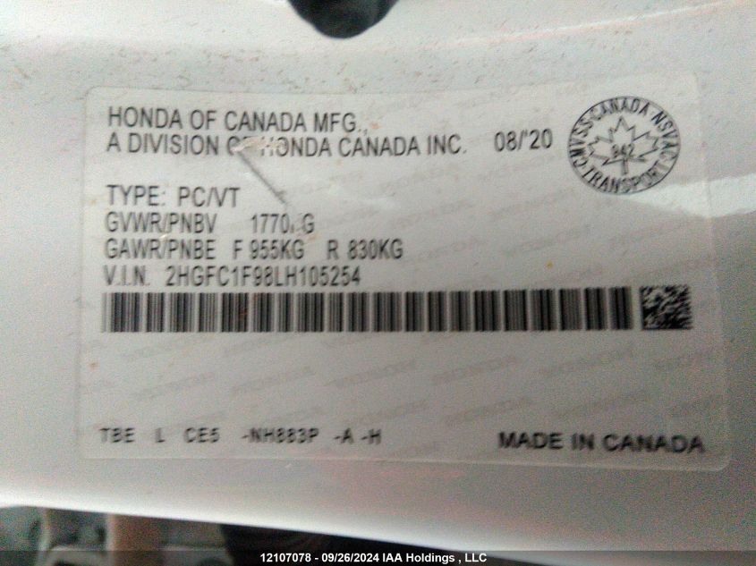 2020 Honda Civic Sedan VIN: 2HGFC1F98LH105254 Lot: 12107078