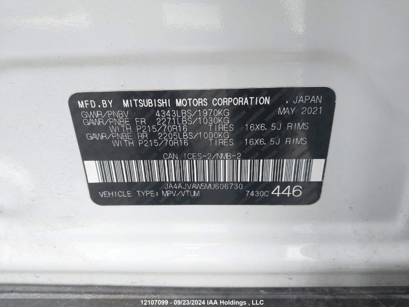 2021 Mitsubishi Rvr VIN: JA4AJVAW5MU606730 Lot: 12107099