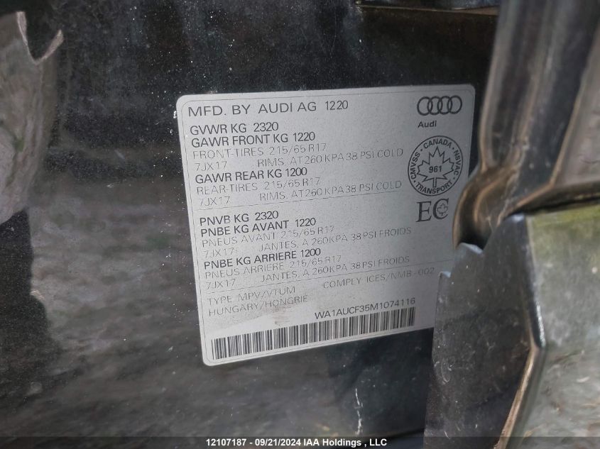 2021 Audi Q3 Premium 40 VIN: WA1AUCF35M1074116 Lot: 12107187