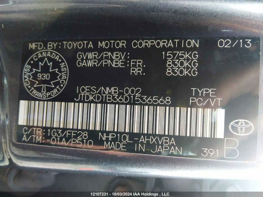 2013 Toyota Prius C VIN: JTDKDTB36D1536568 Lot: 12107231