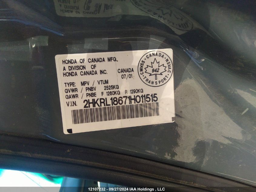 2001 Honda Odyssey VIN: 2HKRL18671H011515 Lot: 12107232