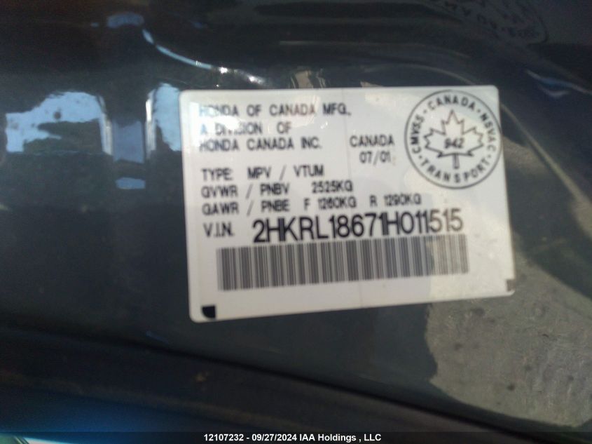 2001 Honda Odyssey VIN: 2HKRL18671H011515 Lot: 12107232