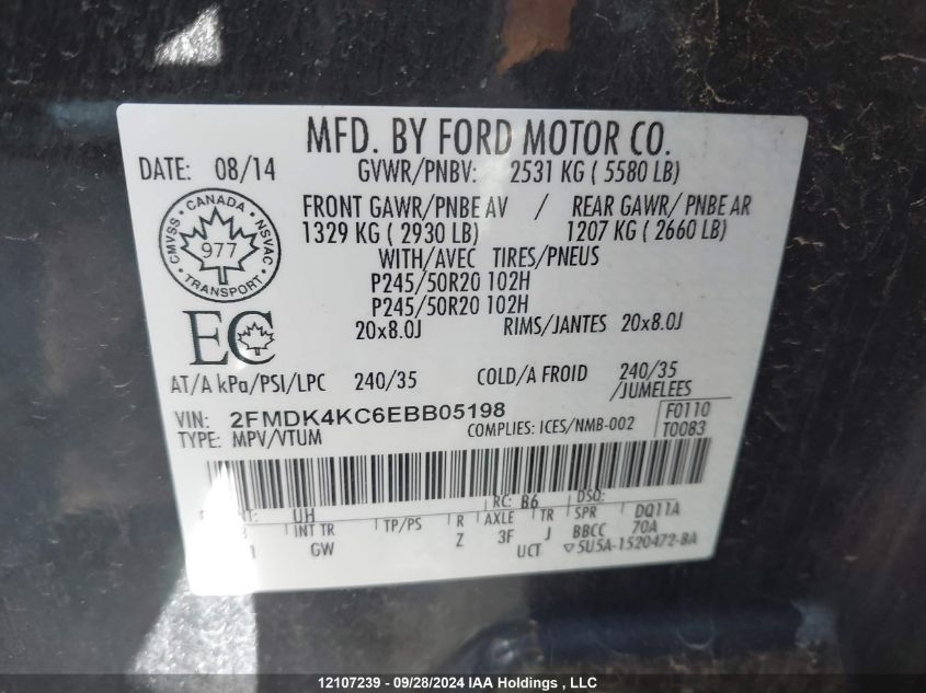 2014 Ford Edge Limited VIN: 2FMDK4KC6EBB05198 Lot: 12107239