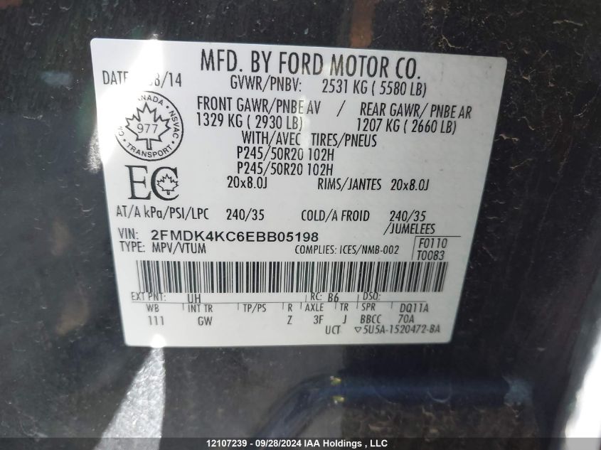 2014 Ford Edge Limited VIN: 2FMDK4KC6EBB05198 Lot: 12107239