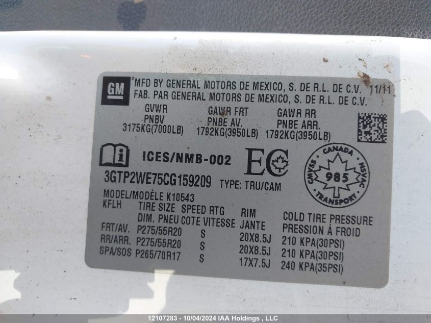 2012 GMC Sierra 1500 VIN: 3GTP2WE75CG159209 Lot: 12107283