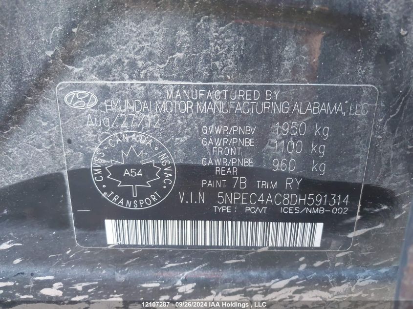 2013 Hyundai Sonata Se VIN: 5NPEC4AC8DH591314 Lot: 12107287