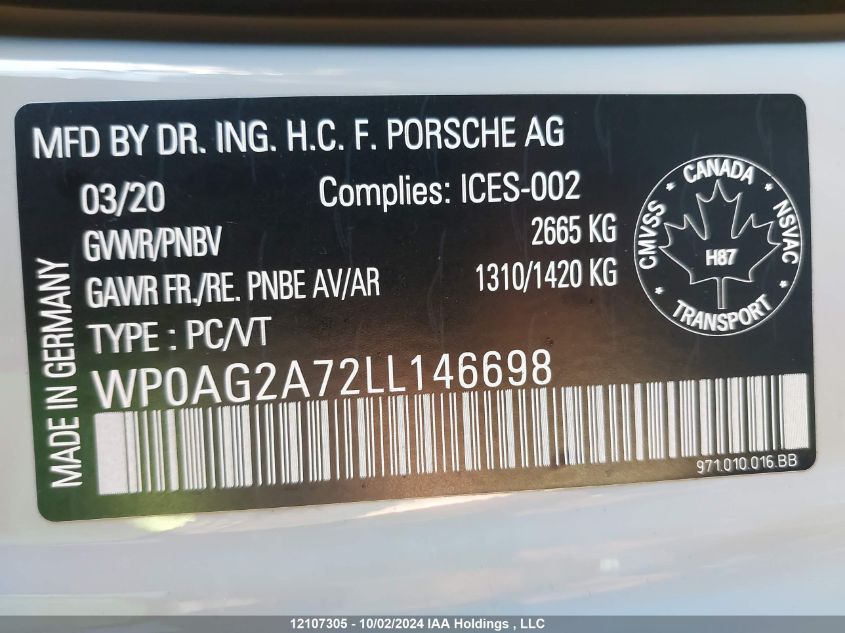 2020 Porsche Panamera VIN: WP0AG2A72LL146698 Lot: 12107305