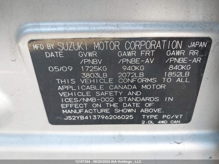 2009 Suzuki Sx4 Hatchback VIN: JS2YB413796206025 Lot: 12107354