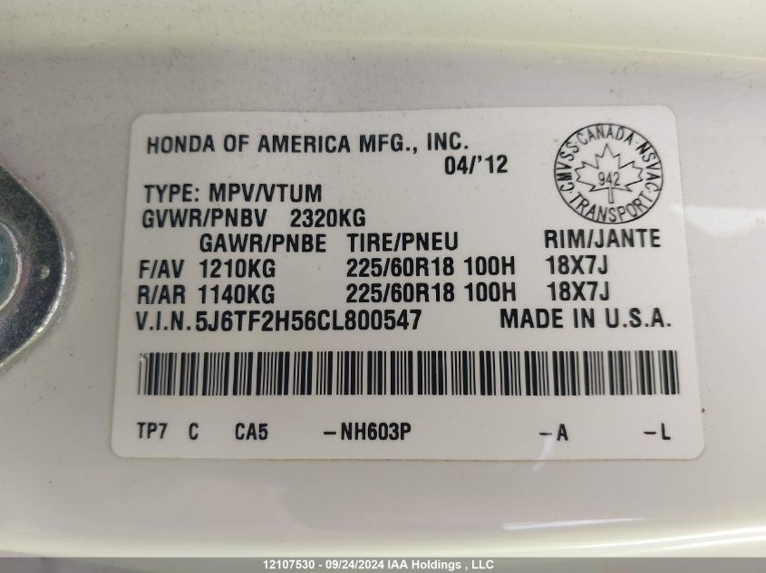 2012 Honda Crosstour VIN: 5J6TF2H56CL800547 Lot: 12107530