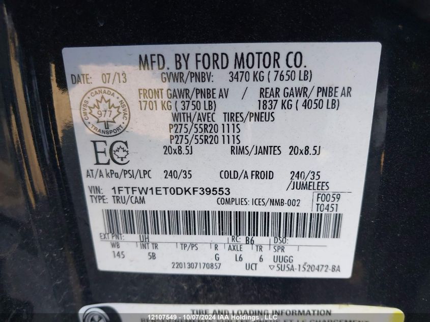 2013 Ford F-150 Fx4 VIN: 1FTFW1ET0DKF39553 Lot: 12107549