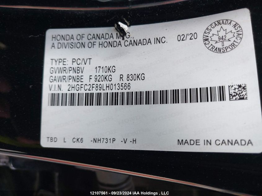 2020 Honda Civic Sport VIN: 2HGFC2F89LH013566 Lot: 12107561