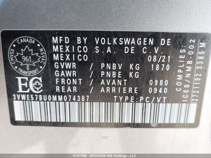 3VWE57BU0MM074387 2021 Volkswagen Jetta