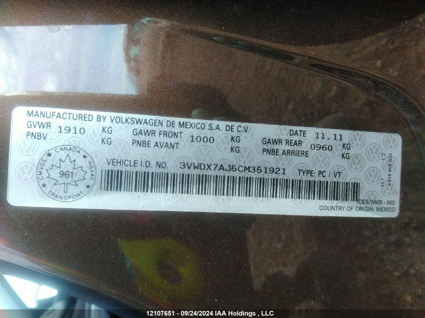 2012 Volkswagen Jetta Se VIN: 3VWDX7AJ5CM351921 Lot: 12107651