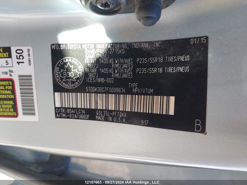 2015 Toyota Sienna Xle 7 Passenger VIN: 5TDDK3DC7FS099634 Lot: 12107663