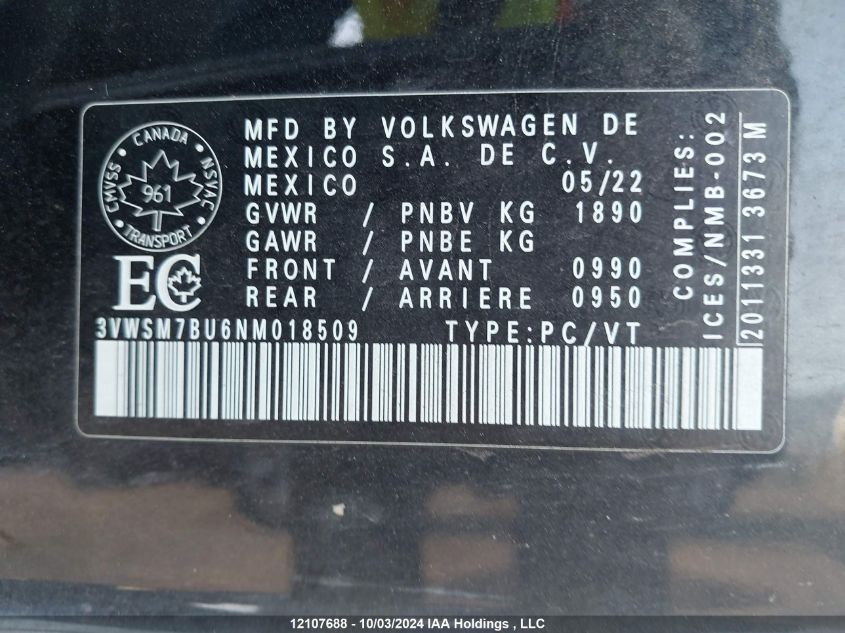 2022 Volkswagen Jetta VIN: 3VWSM7BU6NM018509 Lot: 12107688