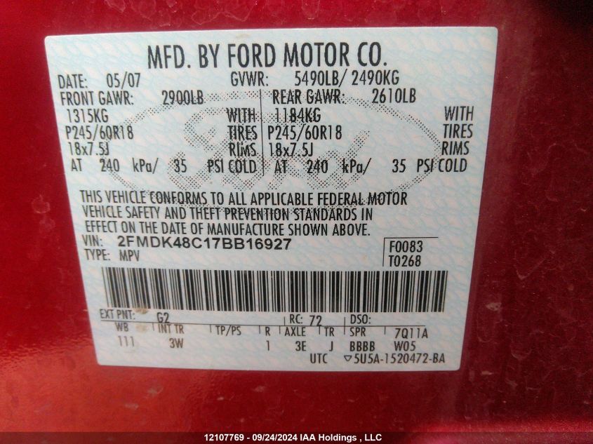 2FMDK48C17BB16927 2007 Ford Edge Sel