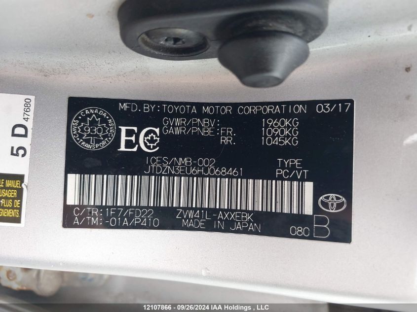 2017 Toyota Prius VIN: JTDZN3EU6HJ068461 Lot: 12107866