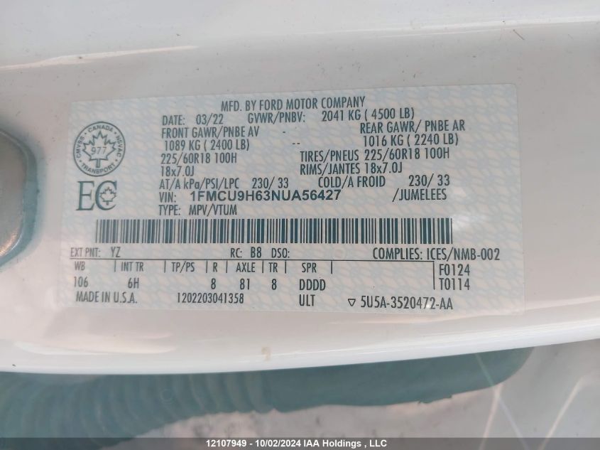 1FMCU9H63NUA56427 2022 Ford Escape Sel