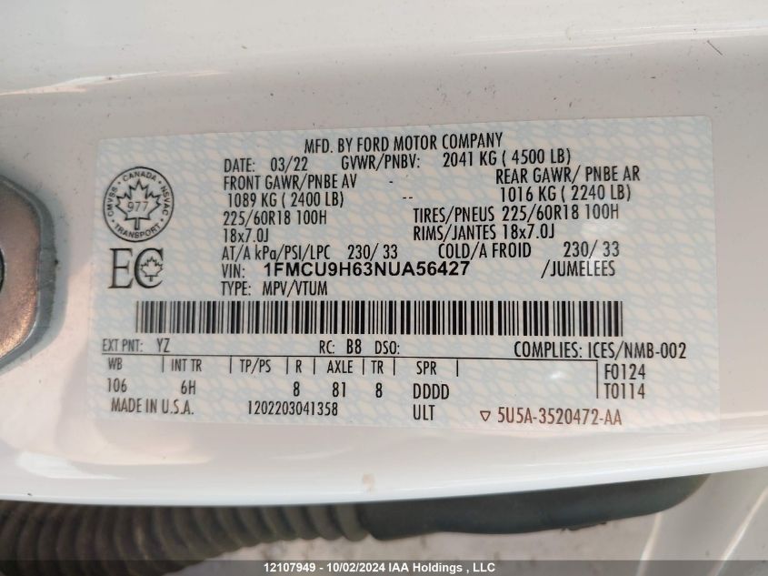 1FMCU9H63NUA56427 2022 Ford Escape Sel