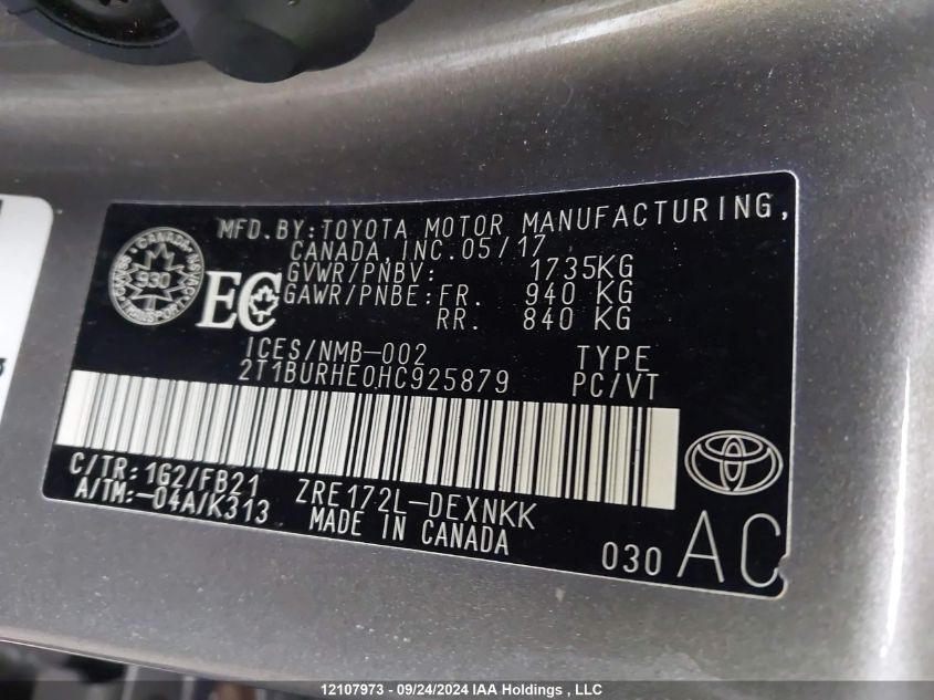 2017 Toyota Corolla L/Le/Xle/Se/Xse VIN: 2T1BURHE0HC925879 Lot: 12107973