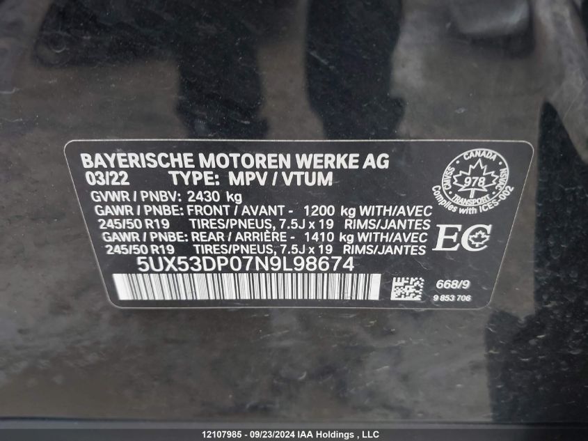 2022 BMW X3 xDrive30I VIN: 5UX53DP07N9L98674 Lot: 12107985