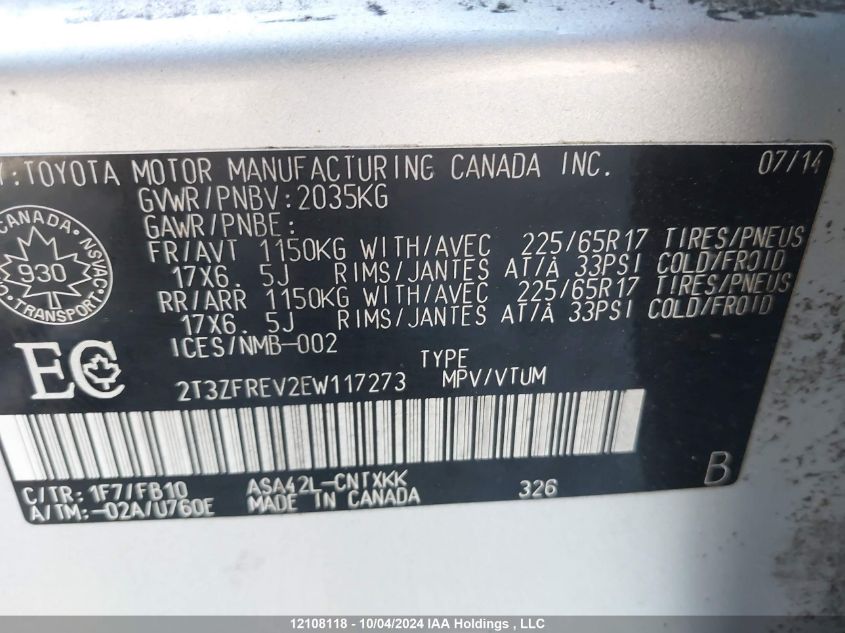 2T3ZFREV2EW117273 2014 Toyota Rav4 Le