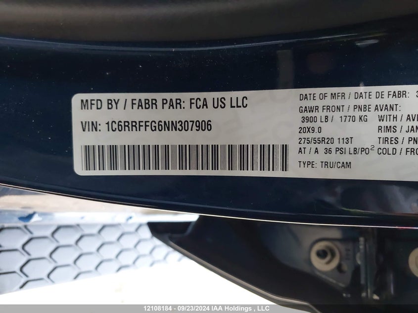 2022 Ram 1500 Big Horn/Lone Star VIN: 1C6RRFFG6NN307906 Lot: 12108184