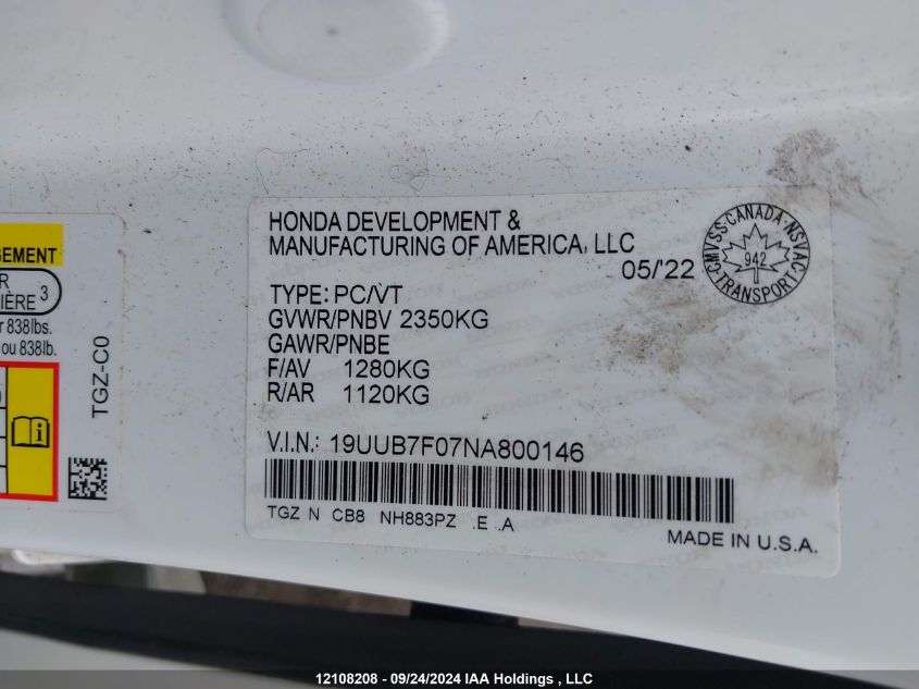 2022 Acura Tlx VIN: 19UUB7F07NA800146 Lot: 12108208