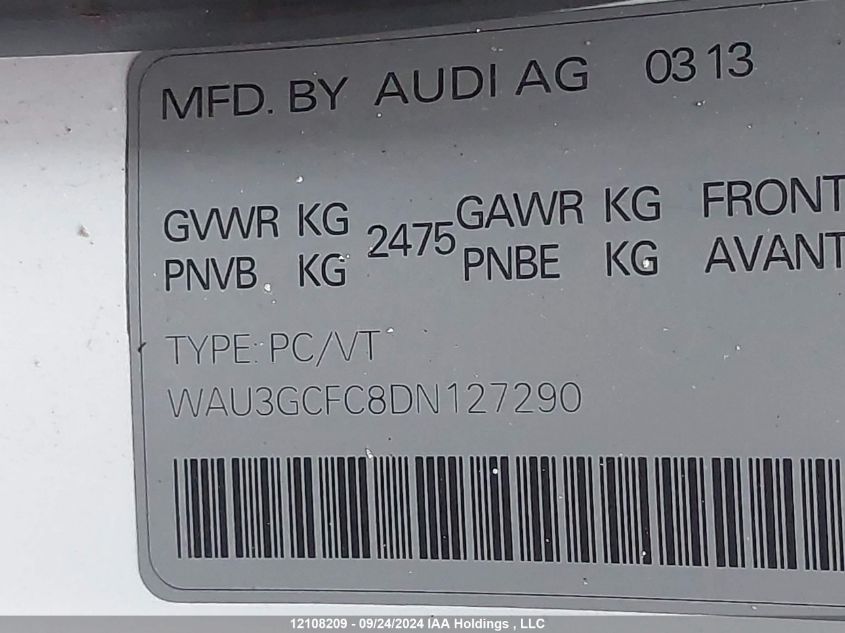 2013 Audi A7 VIN: WAU3GCFC8DN127290 Lot: 12108209