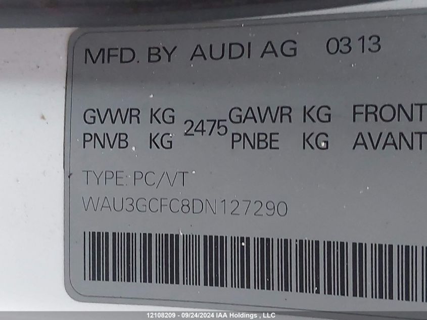 2013 Audi A7 VIN: WAU3GCFC8DN127290 Lot: 12108209