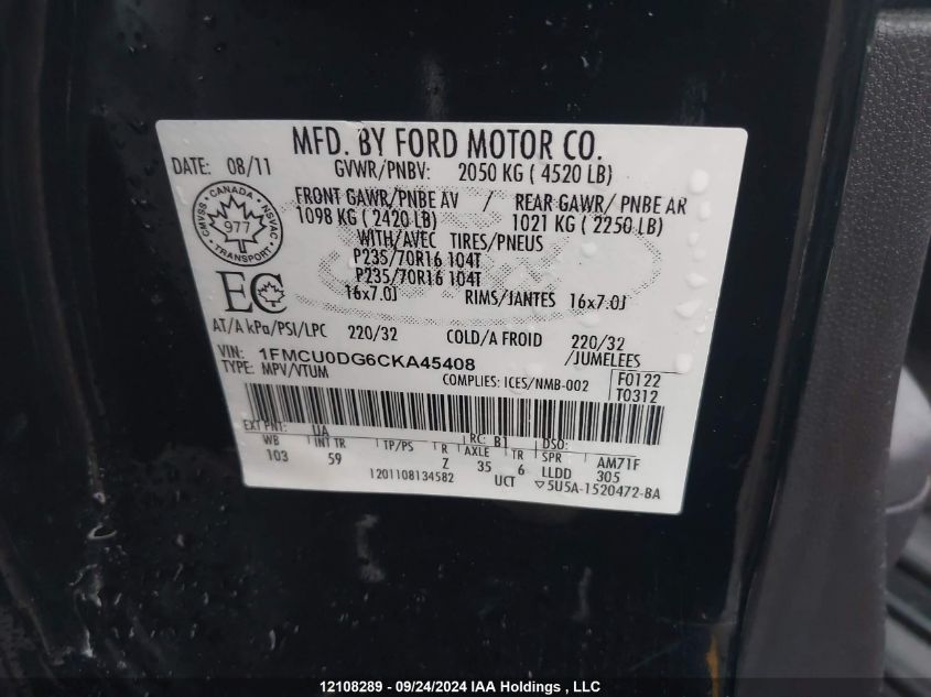 1FMCU0DG6CKA45408 2012 Ford Escape Xlt