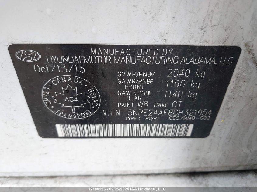 2016 Hyundai Sonata Se VIN: 5NPE24AF8GH321954 Lot: 12108295