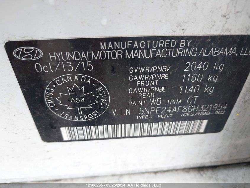 2016 Hyundai Sonata Se VIN: 5NPE24AF8GH321954 Lot: 12108295