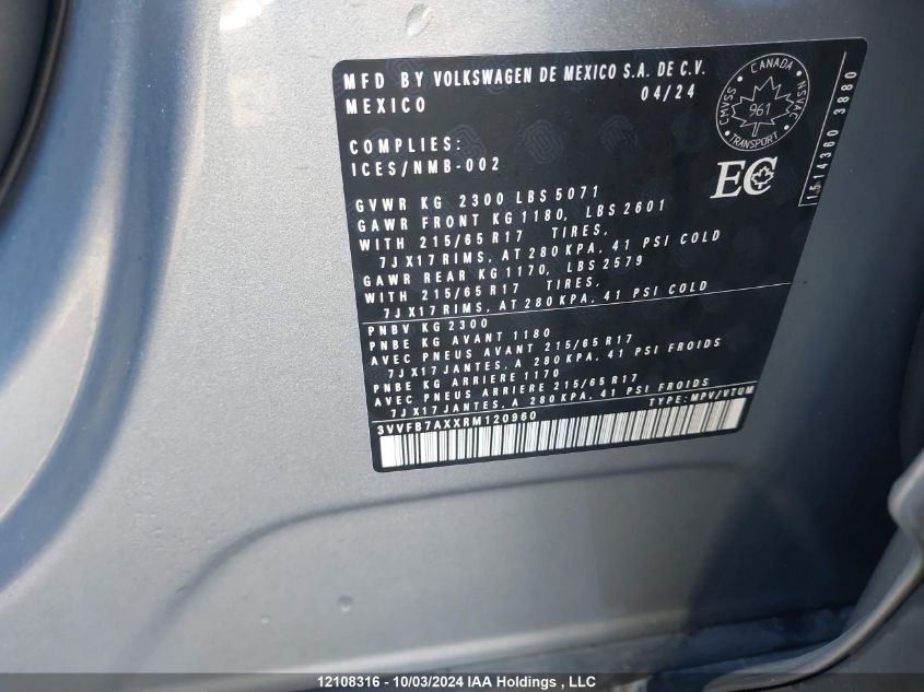 3VVFB7AXXRM120960 2024 Volkswagen Tiguan S