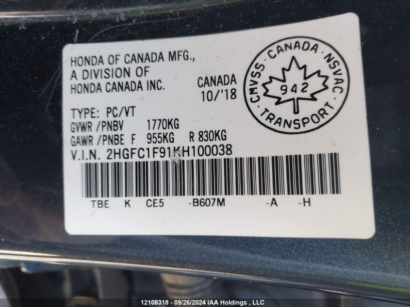 2019 Honda Civic Sedan VIN: 2HGFC1F91KH100038 Lot: 12108318